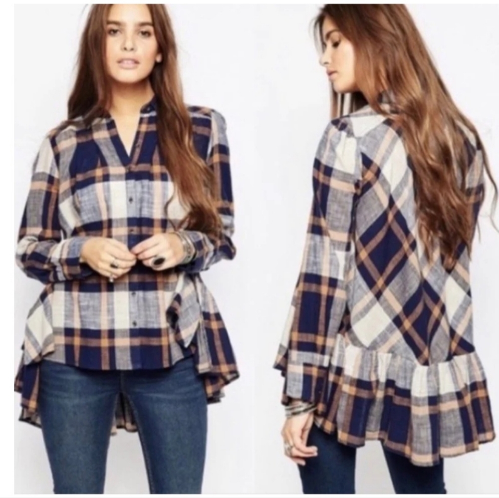 Free People Plaid Relaxed Ruffle Swing Button up Top